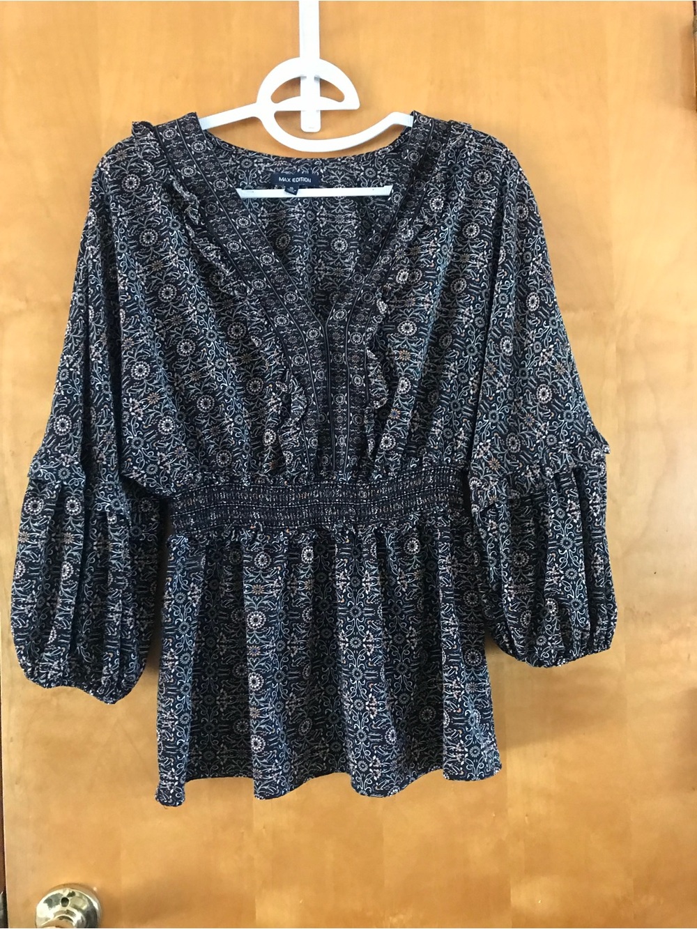 Max Studio Black Floral Peasant Blouse with Smocked Waist